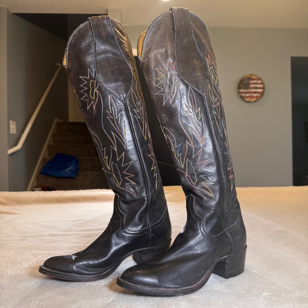 Biltrite Black Leather Rainbow Stitch Tall Western Cowboy Boots Festival Sz 5.5B - Picture 2 of 12